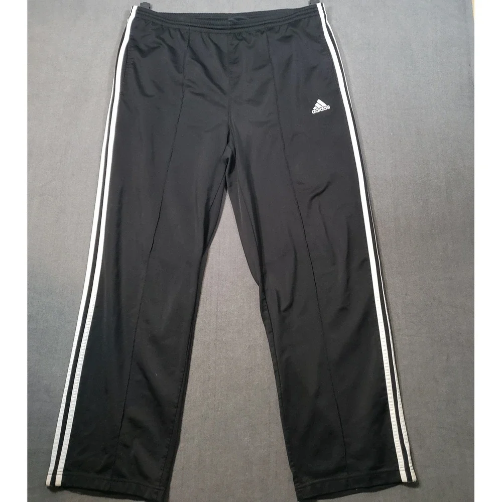 Adidas Track Pants Mens XL Black White 3-Stripe Straight Leg Drawstring Athletic